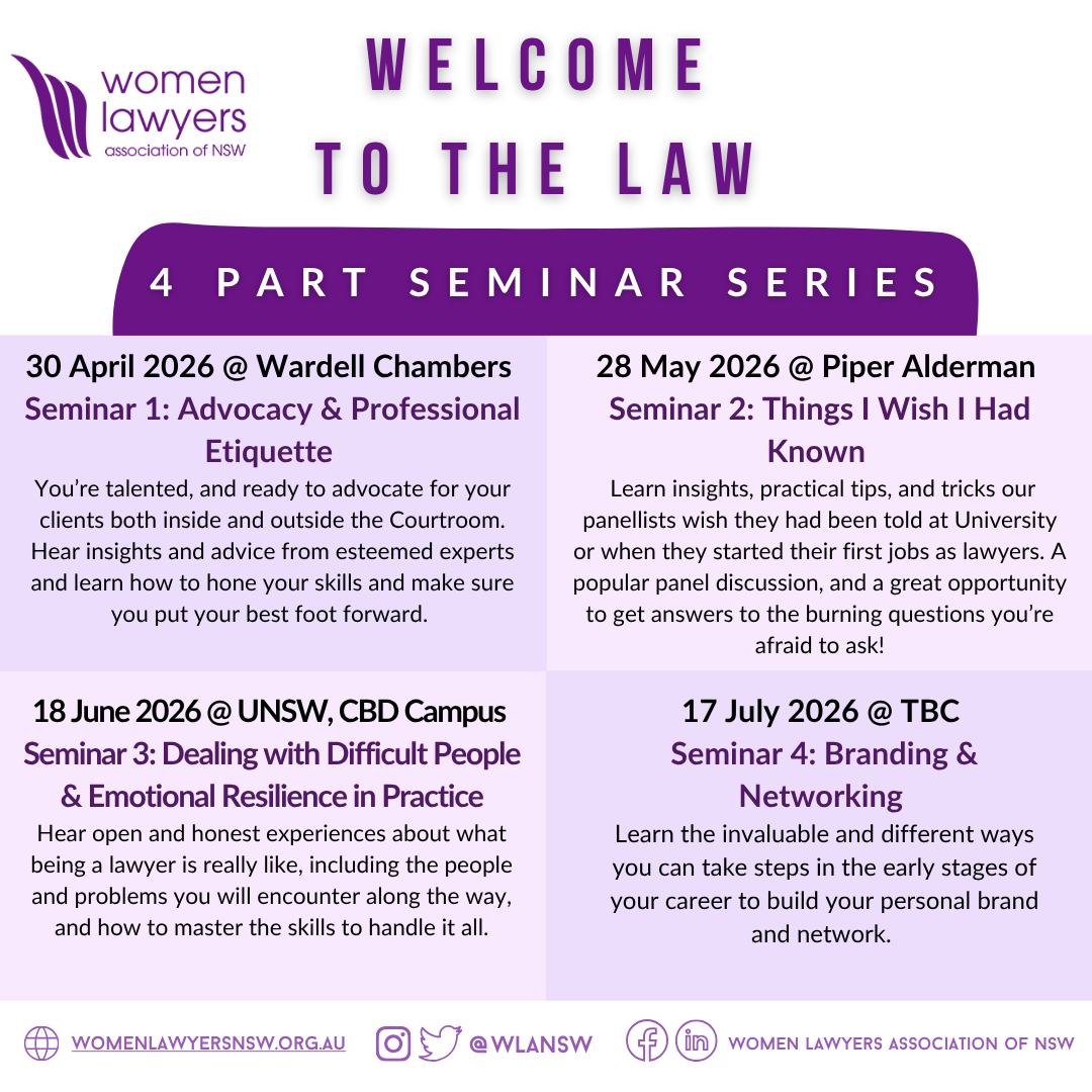 30 April 2026 @ Wardell Chambers; 28 May 2026 @ Piper Alderman; 18 June 2026 @ UNSW, CBD Campus and 17 July 2026 @ TBC